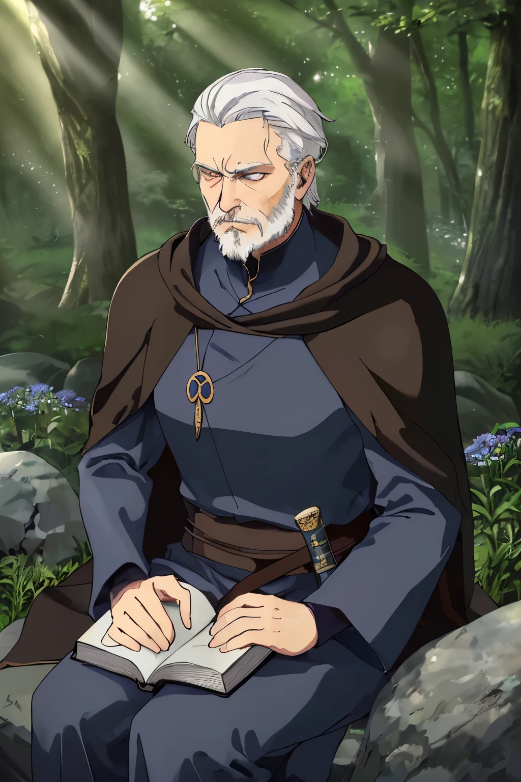 A 60 year old man who is a swordsman. Golden eye irises, serious look, white hair combed back, short beard well combed. Dressed in a dark blue outfit and brown cloak. Sitting on a rock in the forest. Reading a book, sword sheathed at his waist. The sun's rays hovering over him. (Detailed eyes, detailed sword, detailed book.)