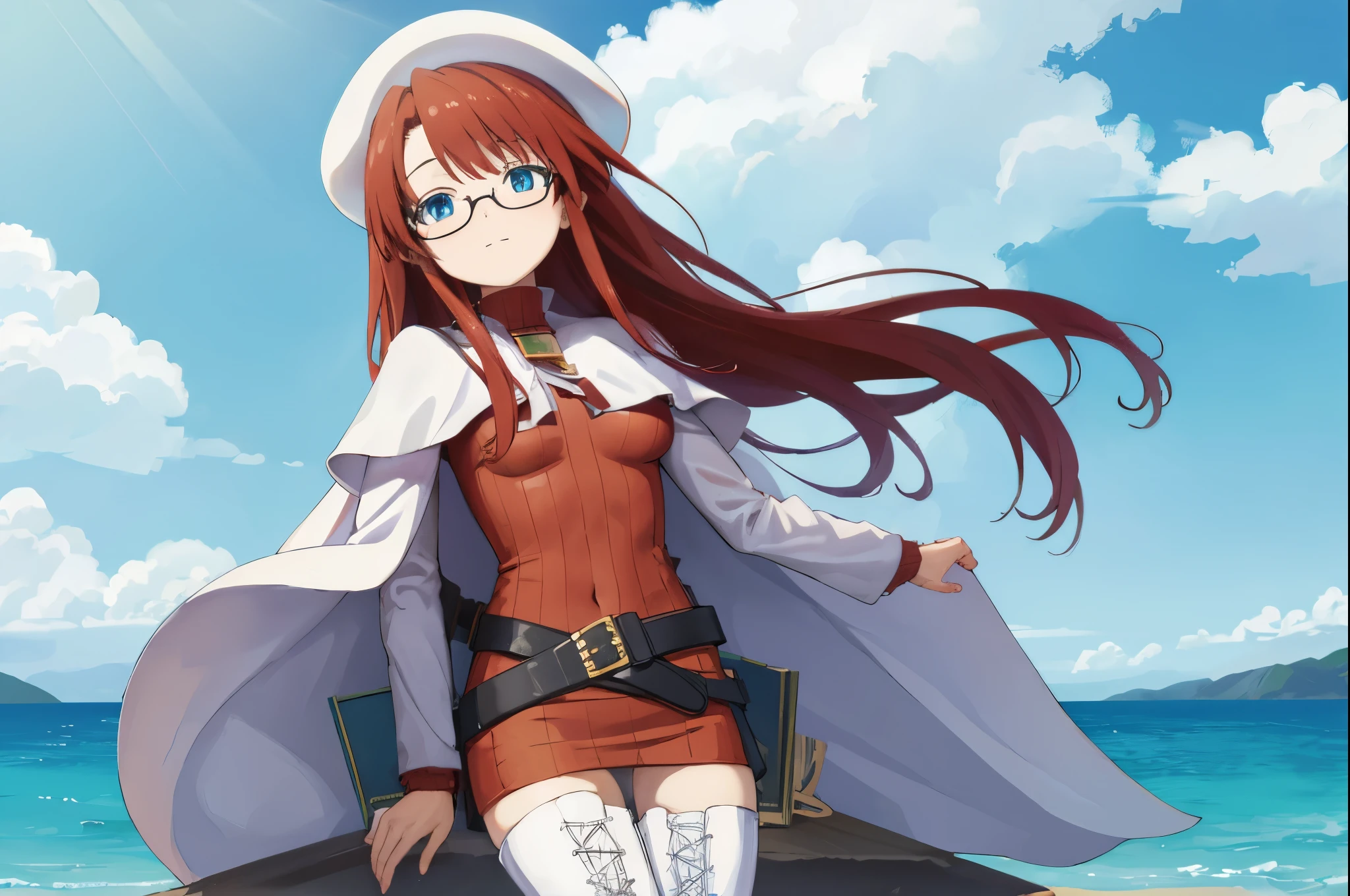 summonnightaty, aty, (young:1.3),long hair, blue eyes, red hair, big_berets, hat, glasses,
BREAK long hair, thighhighs, hat, dress, naked_legs, glasses, belt, cape, sweater, zettai ryouiki, beret, thigh boots, white footwear, ribbed sweater, loose belt,solo,
BREAK outdoors, fantasy,on_beach,
,Highquality_hads,perfect_fingers,
BREAK (masterpiece:1.2), best quality, high resolution, unity 8k wallpaper, (illustration:0.8), (beautiful detailed eyes:1.6), extremely detailed face, perfect lighting, extremely detailed CG, (perfect hands, perfect anatomy),covered_nipples,covered_navel ,half_eyes,long_sword,sleepy,standing,red_sweater,apart_knees,magical_effect,spread_legs, have_a_book,teacher,rise_knee,Smile,rise_hand,look_down_viewer,spread_arms,sea​_waves,looking_into,blue_sky,sitting