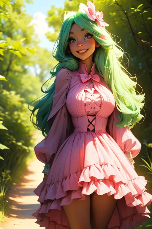 A light green haired woman with pink eyes and an hourglass figure in a pink lolita dress is posing on a trail with a big smile 