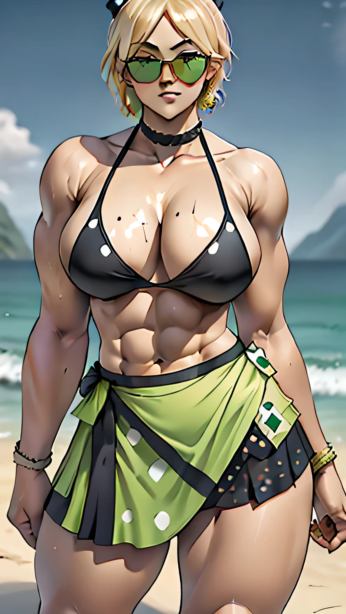 toned skin, muscular, wide shoulder, (((wearing a sunglasses))), ((perfect thighs)), (((polkadot bikini))), photorealistic, ((cleavage)), masterpiece, (((wrap skirt))), beach background
