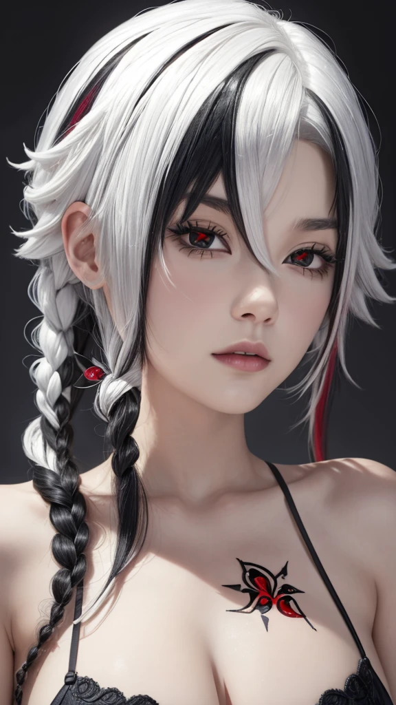 Special clothing 39,Swimsuit,Midway Portrait,Best quality:1.4,Reality:1.4,Skin Texture:1.4,masterpiece:1.8,1 woman,Hips,beautiful eyes,White hair,Black Hair,Colorful Hair,short hair,Straight Hair,White hair long braid,Glowing red eyes,Red X pupil(focus), Jewelry,Tattoo,