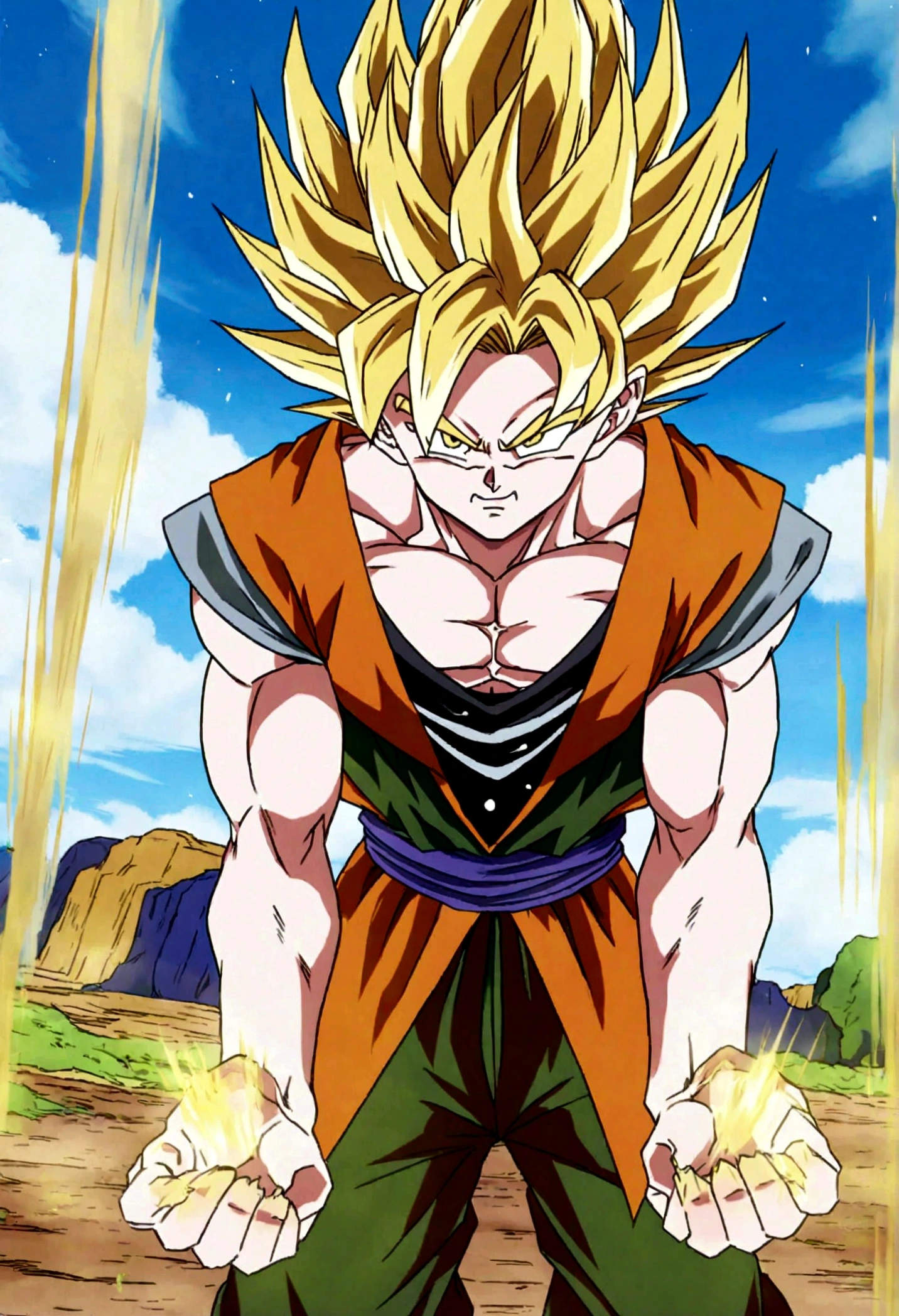Super Saiyan Son-Goku, Goku in Super Saiyan form, Perfect Anime style, cosmic energy