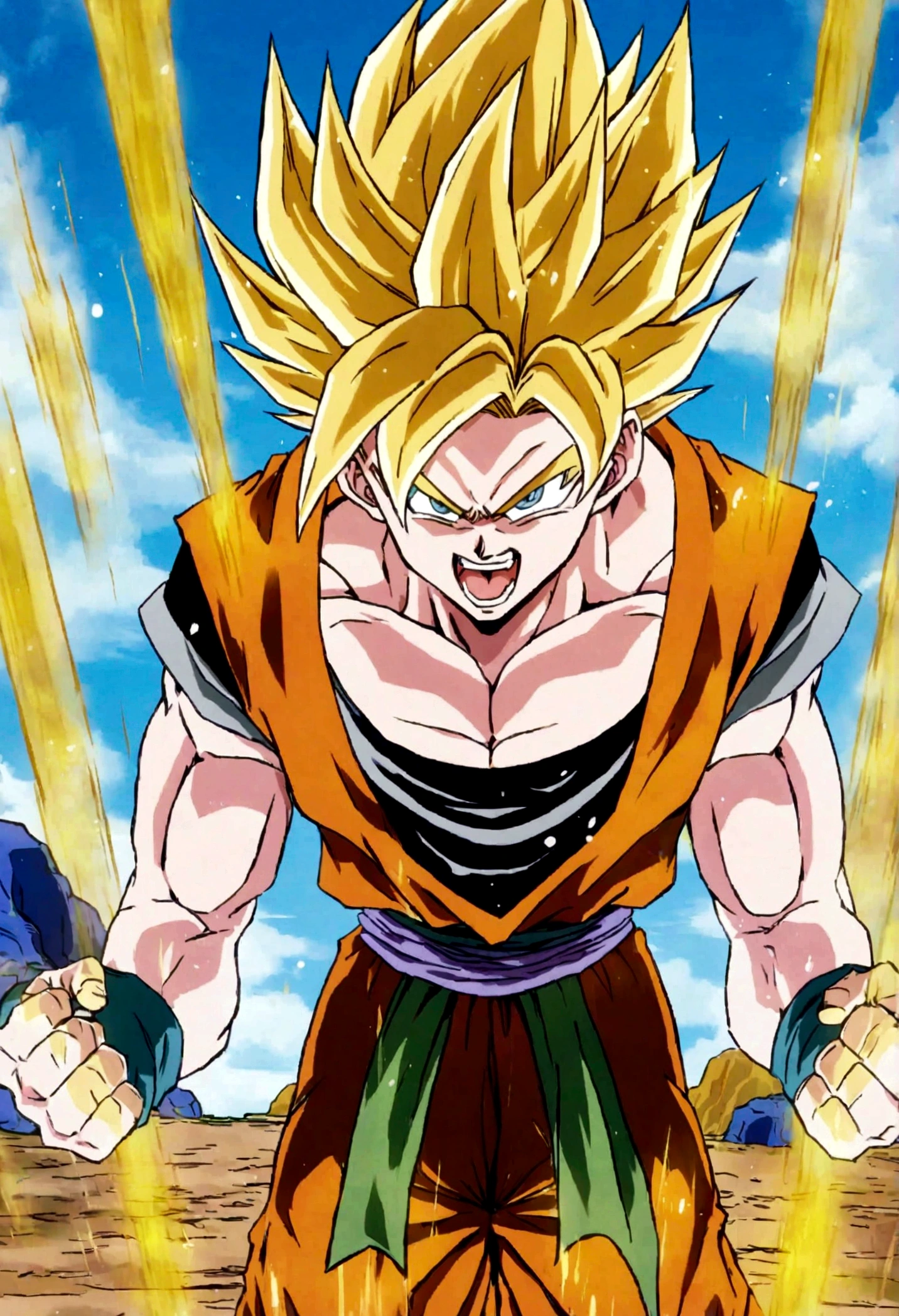 Super Saiyan Son-Goku, Goku in Super Saiyan form, Perfect Anime style, cosmic energy