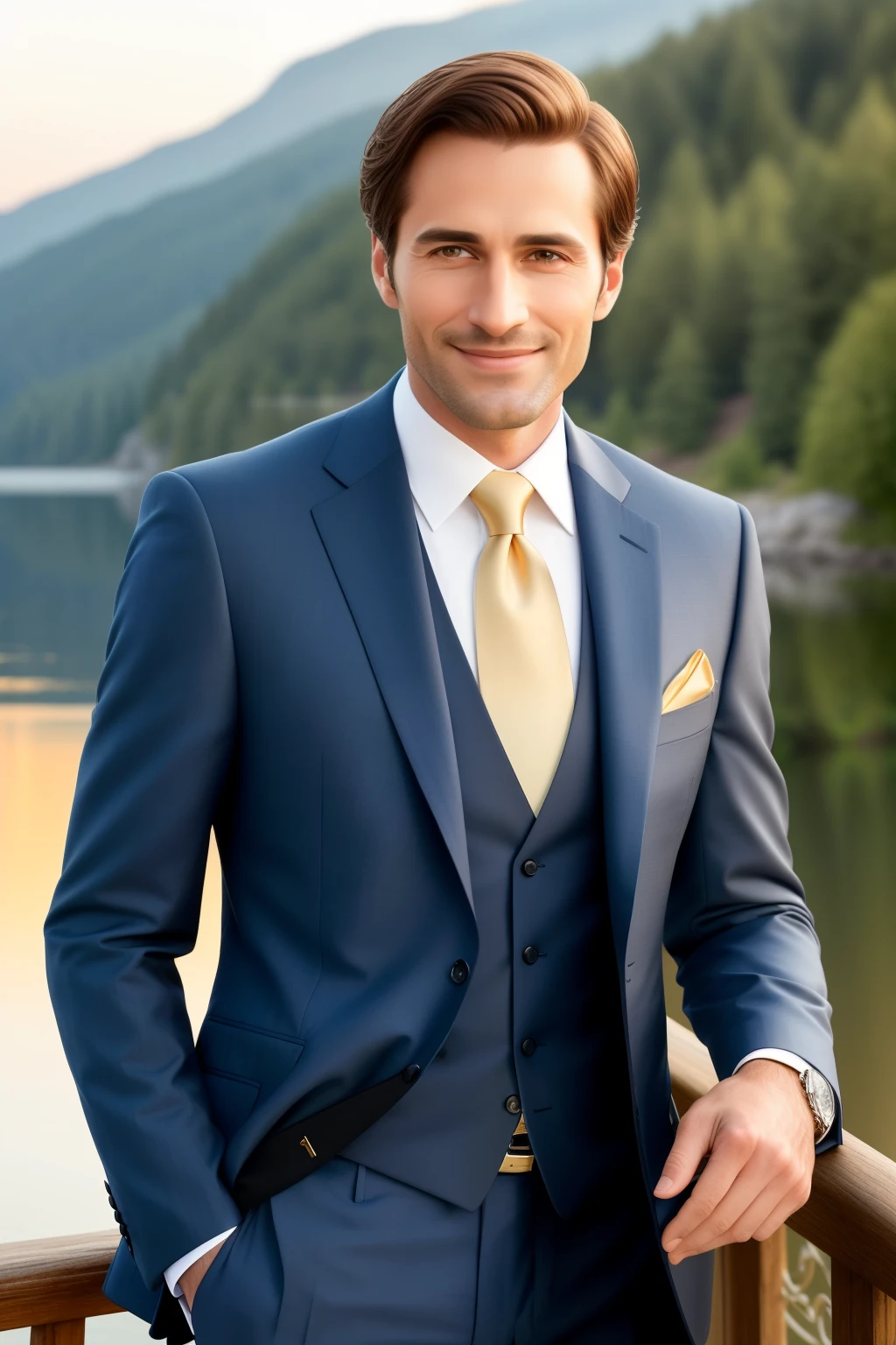 A 30-year-old man, emanating a sense of accomplishment and pride, stands resolute opposite a tranquil lake at 5 o'clock pm. The scene, captured in super resolution 32k UHD, presents a hyper-detailed masterpiece. The warm colors of the setting sun cast a golden glow upon his rugged features, accentuating the wrinkles around his eyes, hinting at a life well-lived. He is dressed impeccably in a tailor-crafted suit, the fabric appearing soft and luxurious even in this high definition. A delicate smile tugs at the corners of his lips, reflecting the contented satisfaction of achieving his lif
