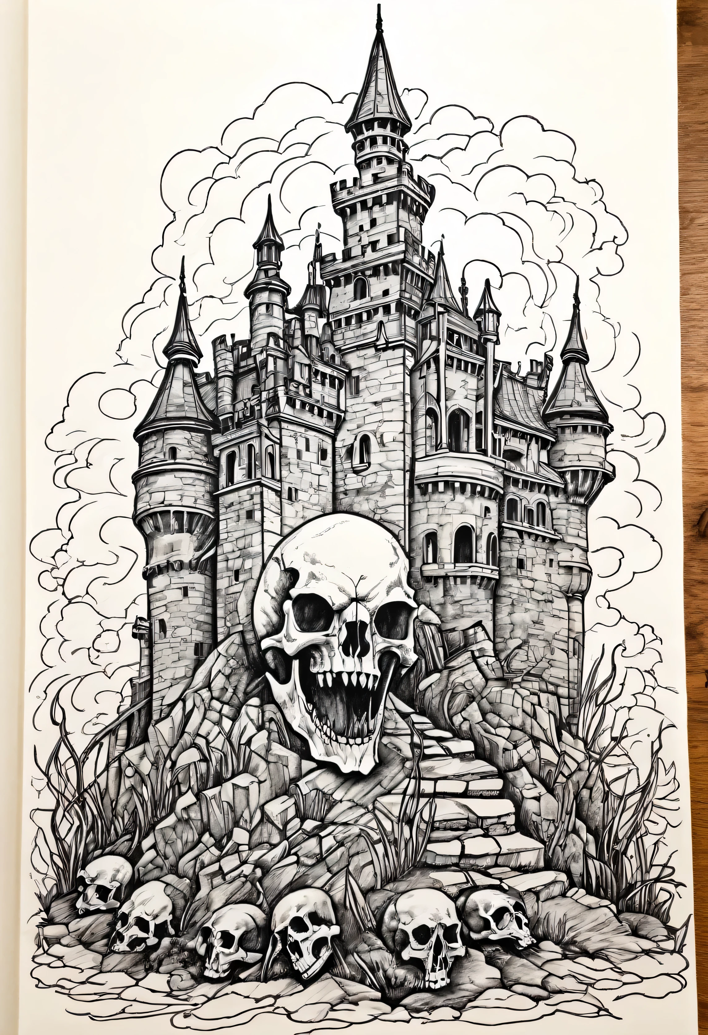 dragon skull on castle ink drawing