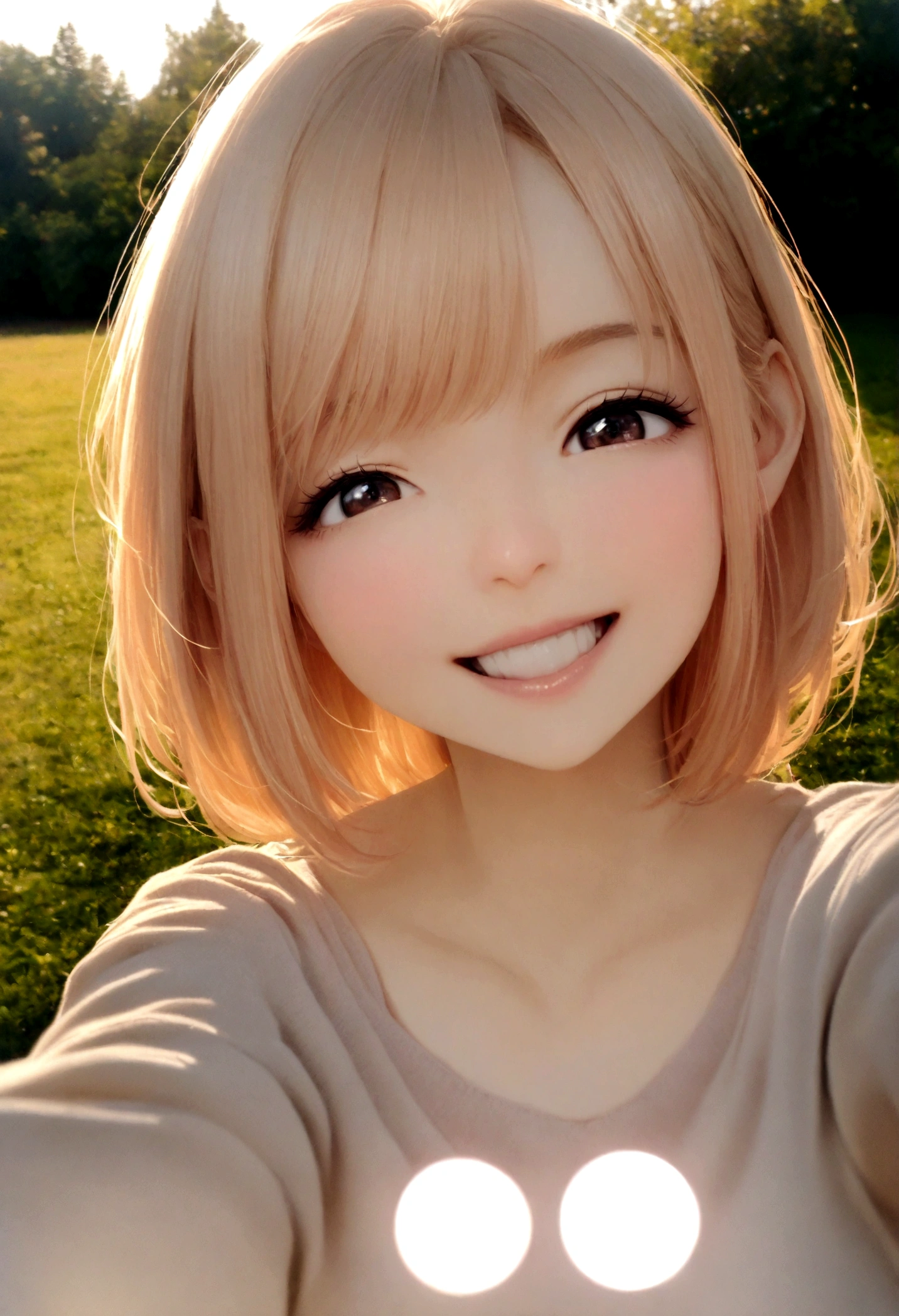 woman, blond pink hair, selfie in a square at dawn with trees, photo taken by iPhone camera, she smiles