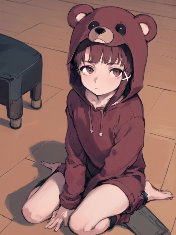 1girl, avant garde style, Bear pajamas, bear ear hood, sitting exhausted, flooring, Serial Experiments Lain, Lain, Lain Iwakura, waw