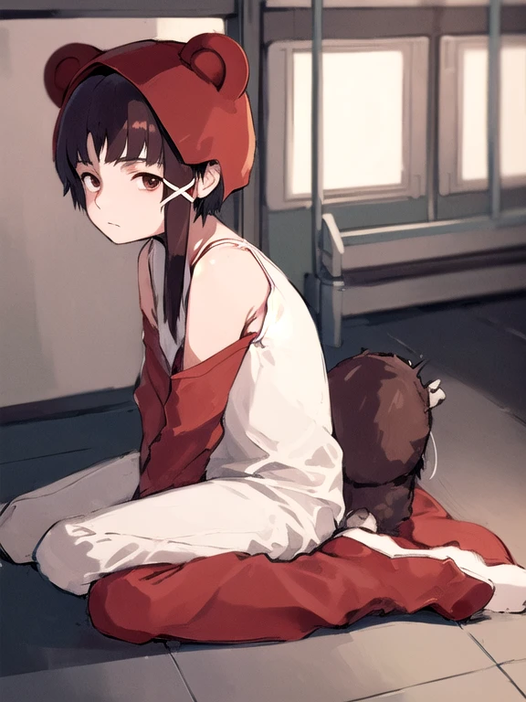 1girl, avant garde style, Bear pajamas, bear ear hood, sitting exhausted, flooring, Serial Experiments Lain, Lain, Lain Iwakura, waw