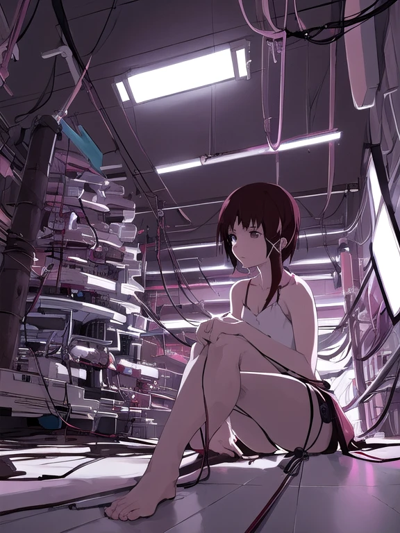 1girl, avant garde style, Stacks of cathode ray tubes, wires, cords, night, (looking away:1.3), indoors, flooring, sitting exhausted, Serial Experiments Lain, Lain, Lain Iwakura, waw