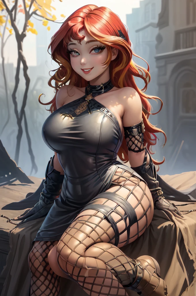 (masterpiece, best quality:1.2), solo, 1girl, mlpshimmer, smile, looking at viewer, ((best quality)), ((highly detailed)), masterpiece, (detailed eyes, deep eyes), (1girl), dynamic pose, full body, smiling, ( hollow out and fishnet), plump large breasts,