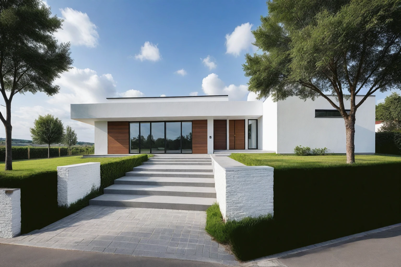 Raw photo,Masterpiece, high quality, best quality, authentic, super detail,
outdoors, onestoreyvillaXL, aiaigroup, house style modern on the street ,stairs, white wall
road,pavement, grass, trees, sky, cloud, (daylight:1.1)