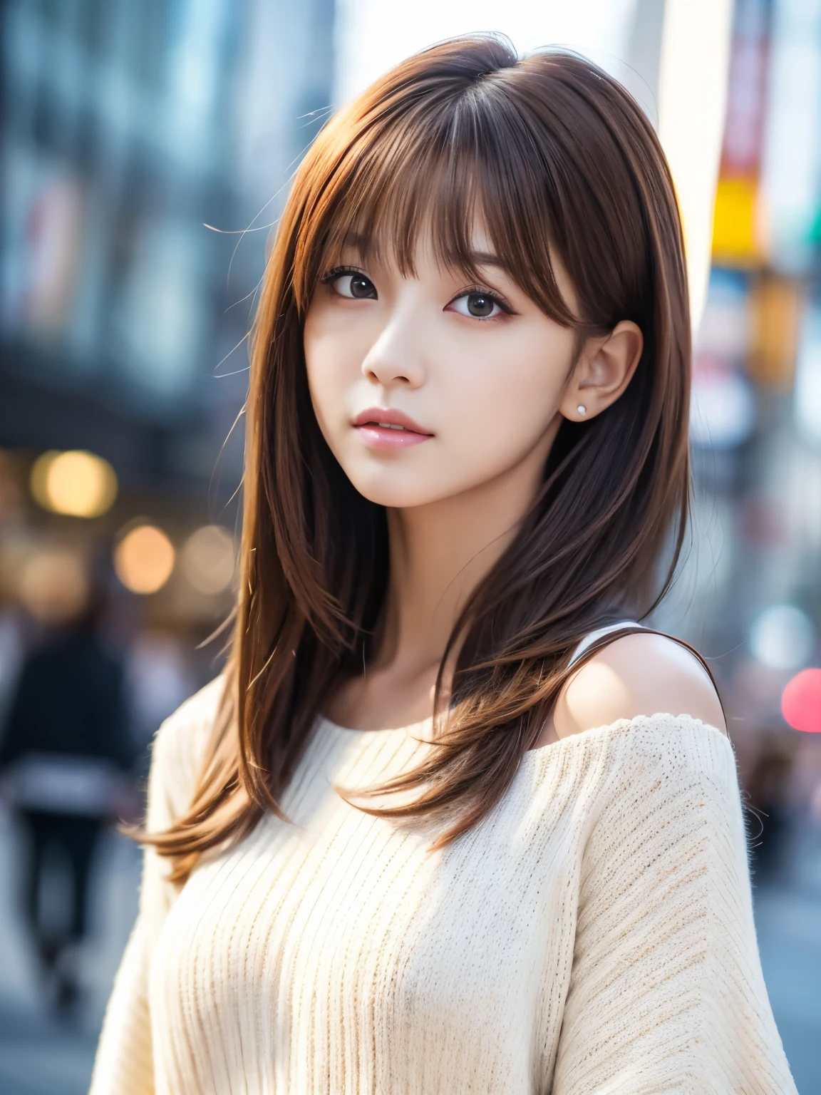 Ultra High Definition, Superior Quality, Premier Quality, ultra detailed, Photorealistic, 8k, RAW Photos, highest quality, masterpiece, Attractive girl, Stunning girl, Brown Hair, Shoulder Length Layered, asymmetrical bangs, K-pop Idol, Sophisticated, Stylish, white knit, Shibuya, 