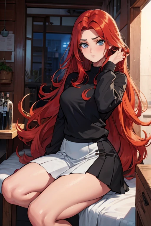 22 anos, pele branca, quase fala, cabelo branco, ruivos nas pontas, cabelo extremamente longo, apertado, black pantyhose, black sneakers, cabelo branco, cabelo entre os olhos, cabelo branco, boca fechada, faixa, messy hair formal skirt big hair redheads extremely long hair