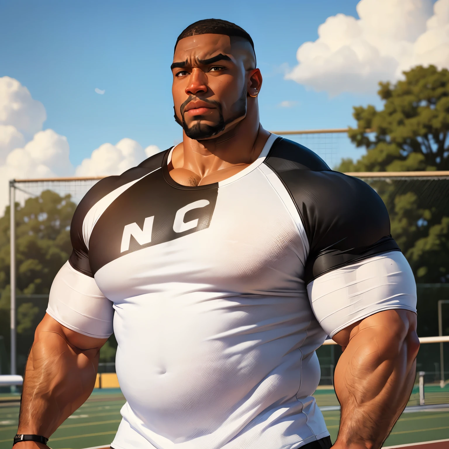 an exaggeratedly muscular and large bodyguard, beefy build, beard, dark-skinned african american male, buzzcut hair with square line, (confused expression: 1.2), (wearing white raglan shirt: 1.2), wearing black sweatpants, (bara pecs: 1.3), beefy pecs, (arm and chest hair: 1.2), portrait HD, (outdoor track field)