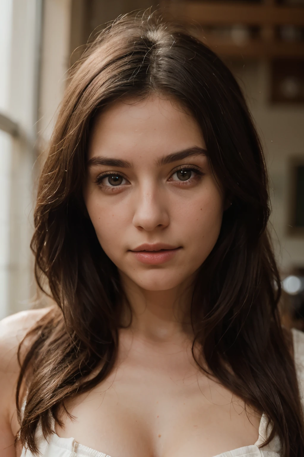 A photorealistic portrait of a 20-year-old italian girl like
Ana de Armas with long, flowing brown hair and striking bright eyes. She should have a natural, approachable expression and be illuminated by soft, golden-hour sunlight. The background should be a scenic indoor setting, chamber. Capture this image with a high-resolution photograph using an 85mm lens for a flattering perspective