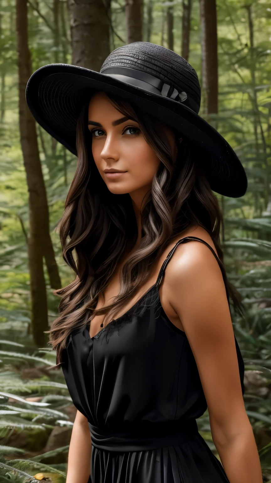 femme brune avec un chapeau noir et une tenu en djin avec un décollé dans la nature