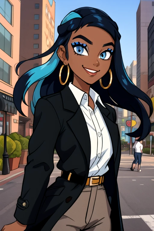 masterpiece, best quality, (Detailed face:1.2), (Detailed eyes:1.2), solo, 1girl, nessacasual, dark skin, makeup, smile, Opened black coat, white undershirt, brown pants, belt, hoop earrings, outdoors, city street
