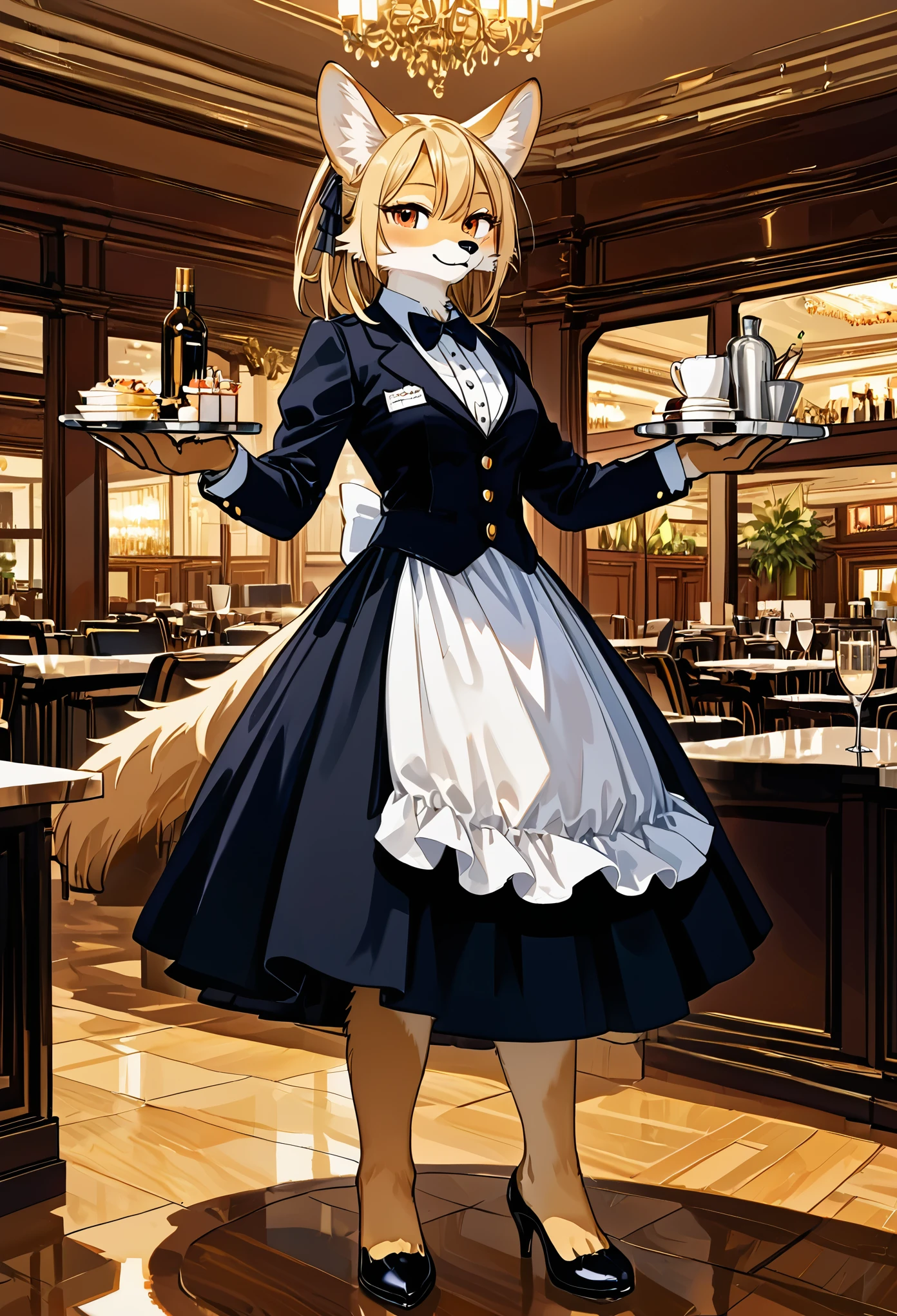 top quality, best quality, highres, masterpiece, super high resolution, detailed background, Casual reutaurant interior, part-time job, waiter, Butler, absurdres(highly detailed beautiful face and eyes)perfect anatomy, good lighting, cinematic shadow(kemono, furry anthro)full body, dynamic angle,