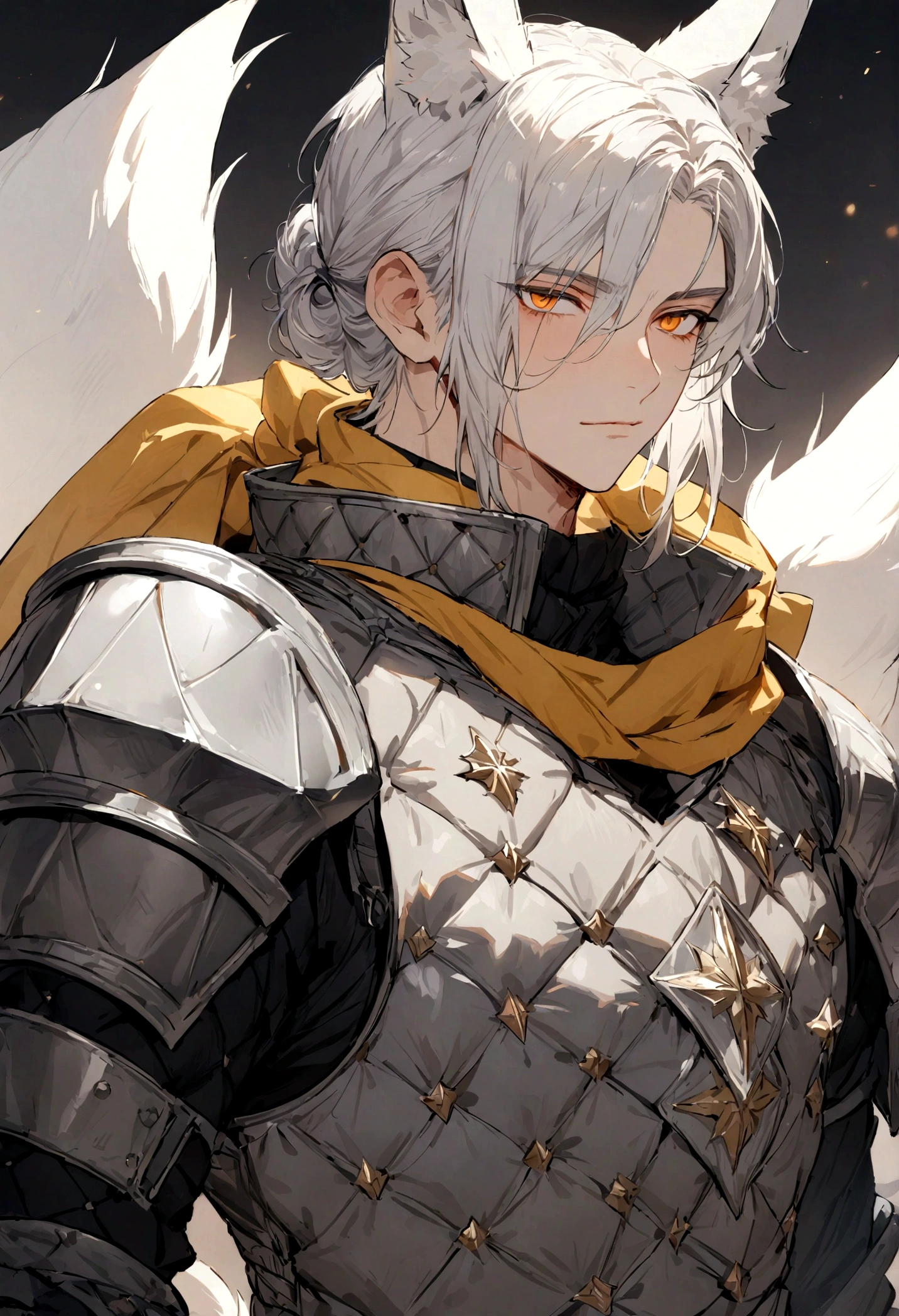 (masterpiece), best quality, expressive eyes, perfect face, Male, dark grey armor, white gambeson, yellow scarf, orange eyes, silver hair, middle part hairstyle, male, handsome, waist up view, Brigandine, upper body view, Kitsune, fox ears, male kitsune