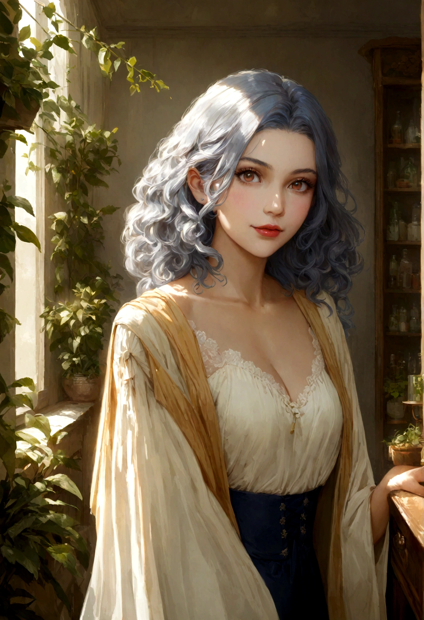 1 femme jeune, aged between 20 and 25, cheveux longs, curly hair, cheveux de couleur noire, peau lisse, yeux clairs, sourire, vegetation, Occasionnel, Vêtements de style femme d&#39;affaires, Blaser brun clair, Realistic, avec expérience assis sur un fauteuil dans un bel appartement , Super realistic 8K, super detailed and realistic