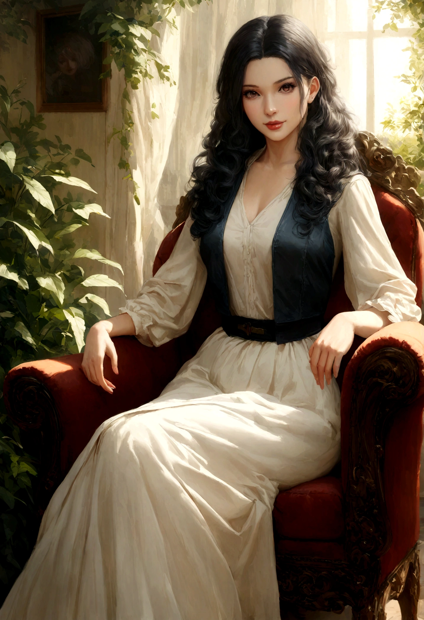 1 femme jeune, aged between 20 and 25, cheveux longs, curly hair, cheveux de couleur noire, peau lisse, yeux clairs, sourire, vegetation, Occasionnel, Vêtements de style femme d'affaires, Blaser brun clair, Realistic, avec expérience assis sur un fauteuil dans un bel appartement , Super realistic 8K, super detailed and realistic