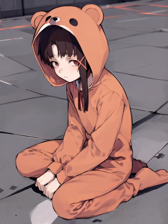 1girl, avant garde style, Bear pajamas, bear ear hood, sitting exhausted, flooring, Serial Experiments Lain, Lain, Lain Iwakura, waw tiro de vaquero