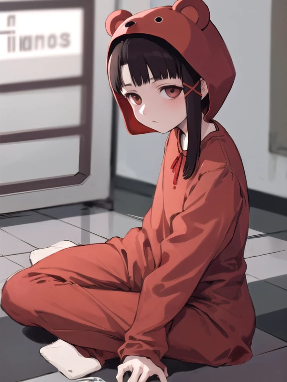 1girl, avant garde style, Bear pajamas, bear ear hood, sitting exhausted, flooring, Serial Experiments Lain, Lain, Lain Iwakura, waw tiro de vaquero