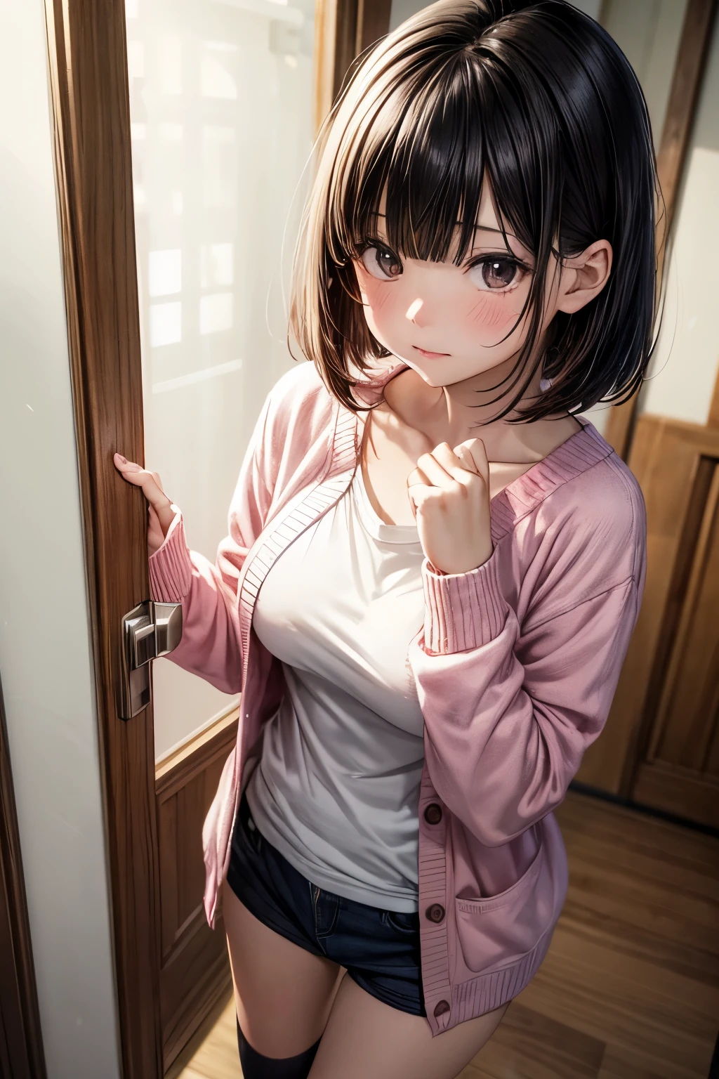 highest quality,Ultra-detailed,masterpiece,Realistic,Photo realistic,The lighting is dim,SFW、One Girl, とてもcute女の赤ちゃん, (cute:1.2),black eye,Black-haired,Bobcut,(Bans),Perfect glowing skin, Perfect Skin, , Big breasts and small waist, low length、Look at the viewers, Kamimei, Pink Cardigan、White underwear、socks、Shy、 night、Stand in the hallway behind the door、I'm squirming、Inner Stock