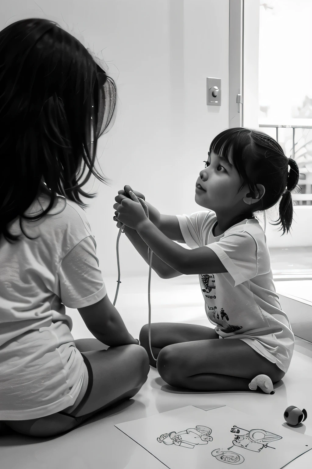 Drawings that show children playing together cooperatively, blanco y negro, para colorear.
