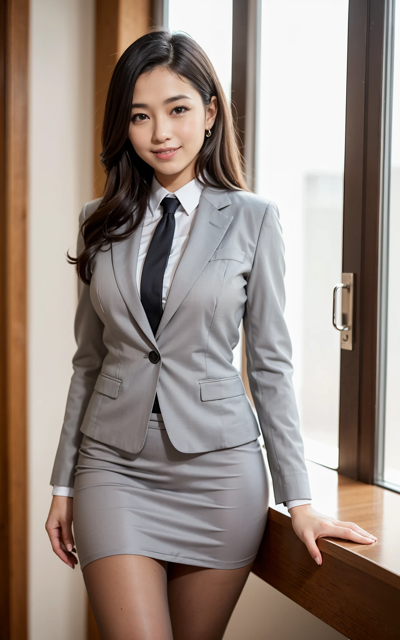 extremely detailed, very sharp, best quality, gray office suit, shirt, short pencil skirt, smile, stunning proportions, a beauty girl, pantyhose