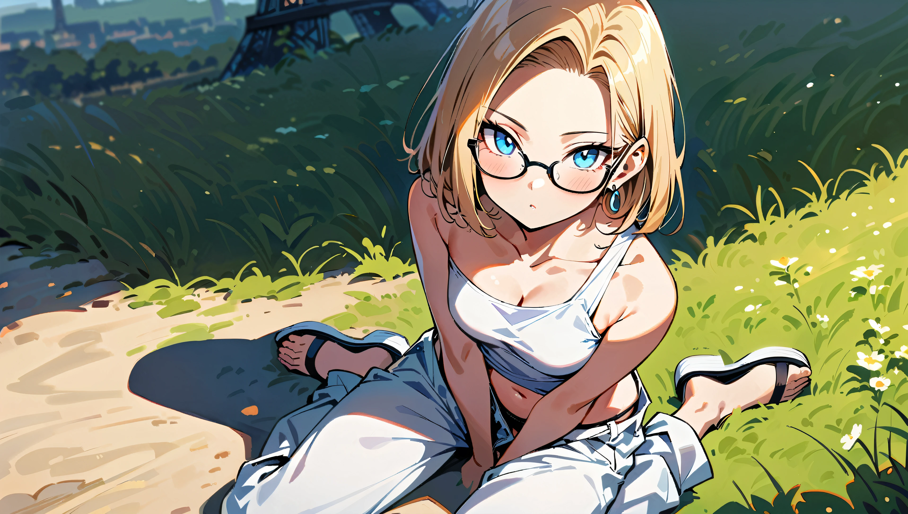 (masterpiece, best quality:1.2), full body shot, solo, Android 18 from Dragon Ball, collarbone, cleavage, ((slip-on one-shoulder crop top)), (light gray top:1.2), no jacket, midriff-baring, navel, ((white baggy pants with one button undone)), strings of thong underwear slightly visible, small breasts, short blonde hair loose, ((blue eyes)), ((wearing glasses)), earrings on earlobes, slender feminine figure, narrow waistline, skinny body, (plane black cap), (cap without logo), beach sandals, sunlight, head tilt, looking at viewer, light blush, arm between legs, wariza on the grass, vast grass, the Eiffel Tower, outside, natural lighting and shadows, blur background, 4K