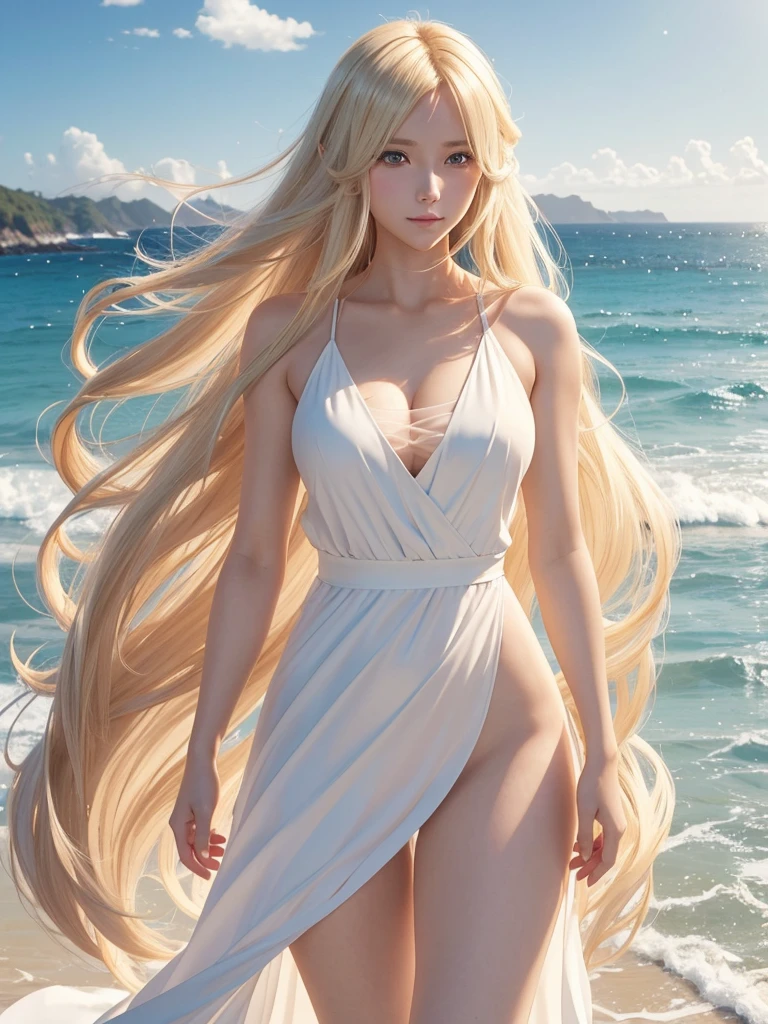 a woman in a white dress is walking on the beach, blonde anime girl with long hair, anime goddess, blonde goddess, anime girl with long hair, beautiful anime woman, beautiful anime girl, beautiful alluring anime woman, ilya kuvshinov with long hair, blonde flowing hair, style artgerm, glowing flowing hair, flowing glowing hair