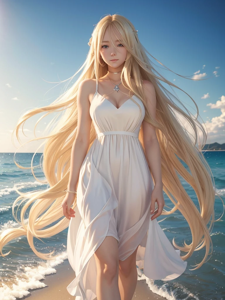 a woman in a white dress is walking on the beach, blonde anime girl with long hair, anime goddess, blonde goddess, anime girl with long hair, beautiful anime woman, beautiful anime girl, beautiful alluring anime woman, ilya kuvshinov with long hair, blonde flowing hair, style artgerm, glowing flowing hair, flowing glowing hair