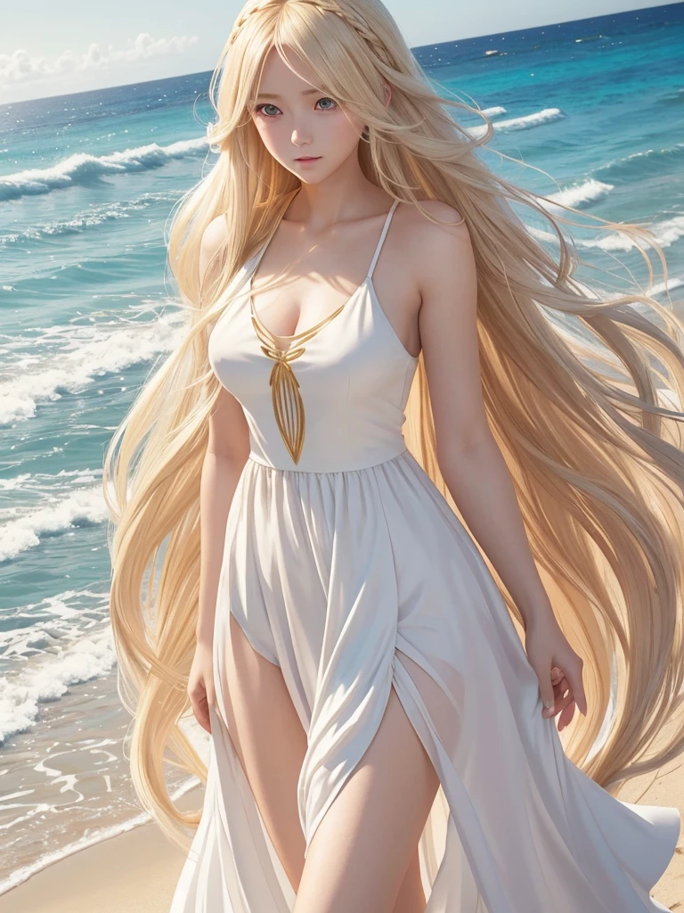 a woman in a white dress is walking on the beach, blonde anime girl with long hair, anime goddess, blonde goddess, anime girl with long hair, beautiful anime woman, beautiful anime girl, beautiful alluring anime woman, ilya kuvshinov with long hair, blonde flowing hair, style artgerm, glowing flowing hair, flowing glowing hair