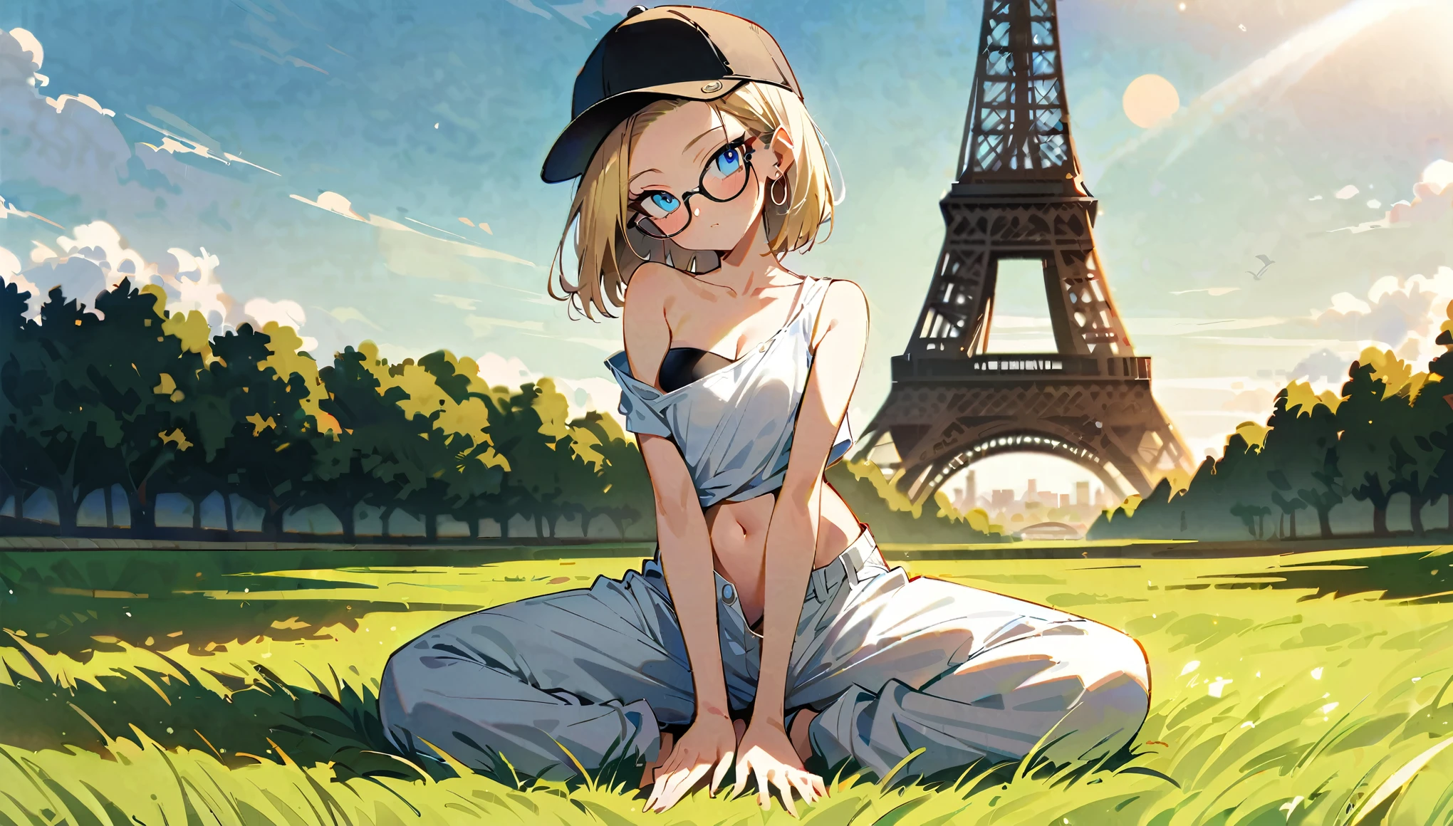(masterpiece, best quality:1.2), full body shot, solo, Android 18 from Dragon Ball, collarbone, cleavage, ((slip-on one-shoulder crop top)), (light gray top:1.2), no jacket, midriff-baring, navel, ((white baggy pants with one button undone)), strings of thong underwear slightly visible, small breasts, short blonde hair loose, ((blue eyes)), ((wearing glasses)), earrings on earlobes, slender feminine figure, narrow waistline, skinny body, (plane black cap), (cap without logo), beach sandals, sunlight, head tilt, looking at viewer, light blush, arm between legs, wariza on the grass, vast grass, the Eiffel Tower, outside, natural lighting and shadows, blur background, 4K