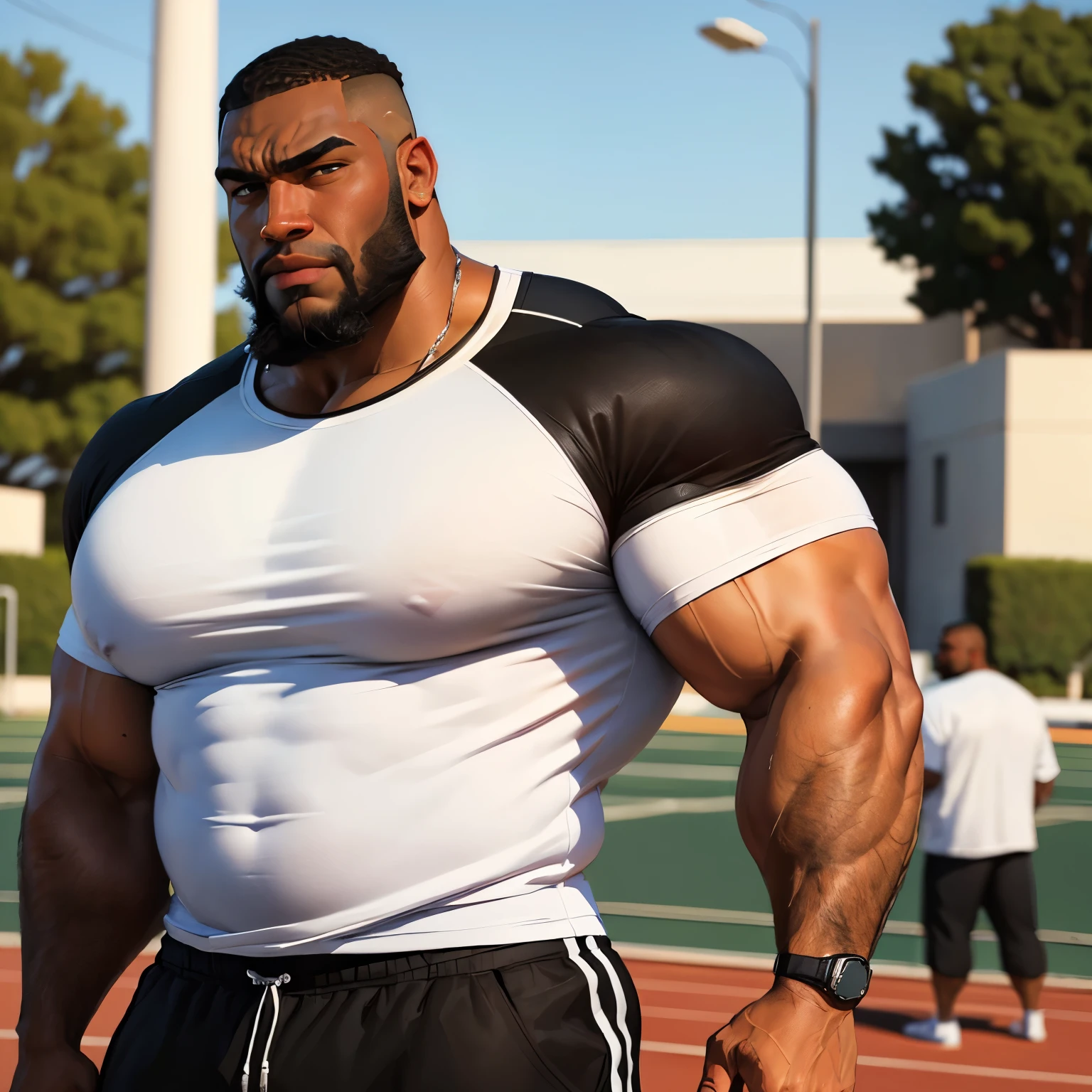 an exaggeratedly muscular and large bodyguard, beefy build, beard, dark-skinned african american male, buzzcut hair with square line, (confused expression: 1.2), (wearing white raglan shirt: 1.2), wearing black underwear, (bara pecs: 1.3), beefy pecs, (arm and chest hair: 1.2), portrait HD, (outdoor track field)