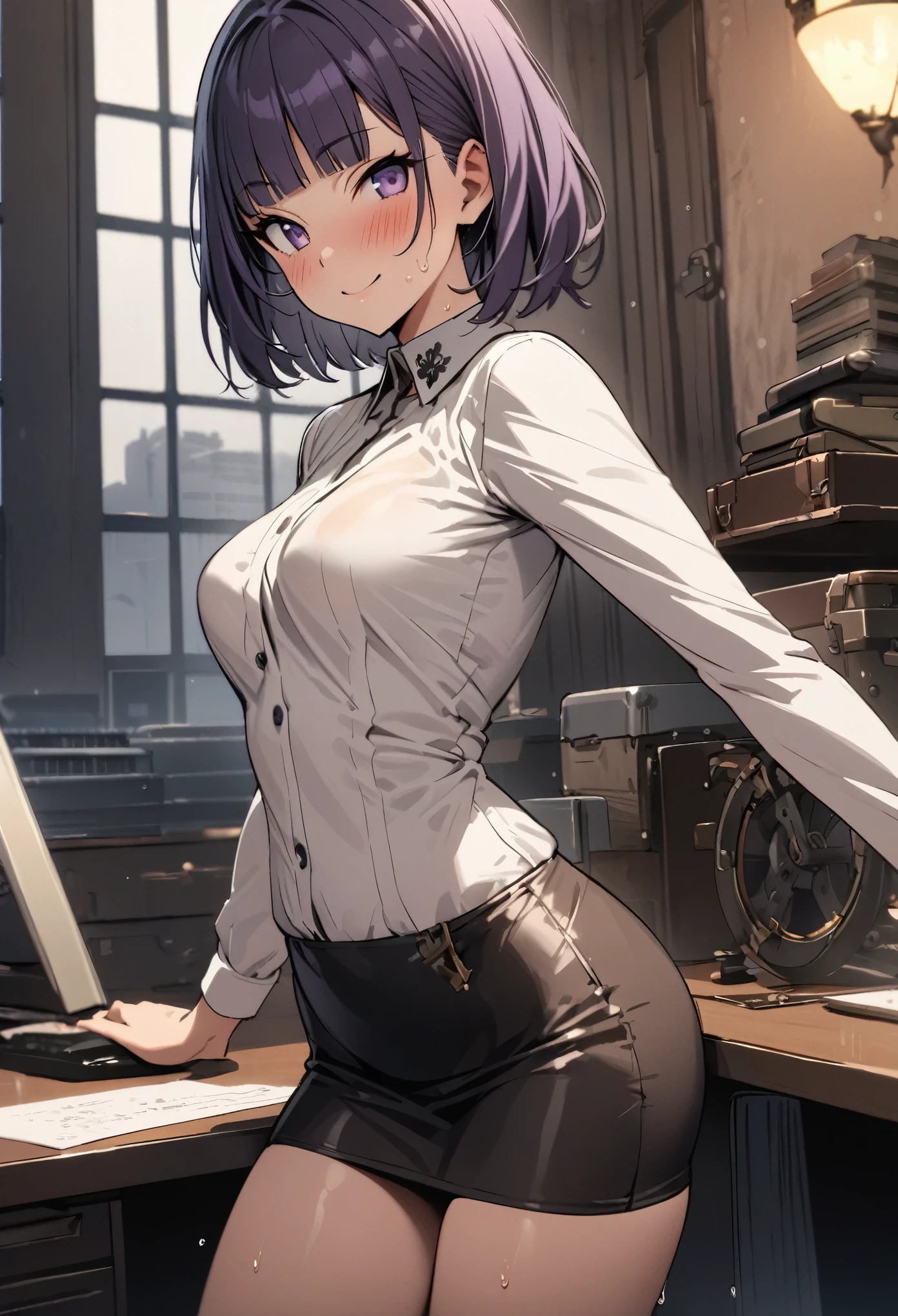 (((masterpiece, highest quality:1.3))),cowboy shot,20 year old beauty,female soldier, ((white formal shirt、Long sleeve、Black tight mini skirt)),solo,((very small head)),dark purple hair,short bob hair,blunt bangs,purple eyes,blush,smile,medium breasts,((very long body,slender body)),skinny,gleaming skin,oily skin,sweat,sitting、office、taisho steampunk、Tokyo in the Taisho era、
