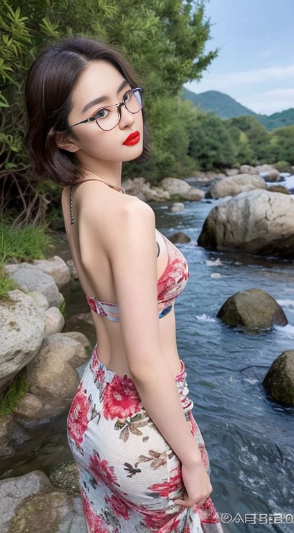 ((Top quality, 8k, Masterpiece: 1.3)), beauty, hidden face, (18 year's old) body. Slim. Big breast. Exciting, (Short hair) ((Necklace. Wearings Glasses)). Sarong bikini_stand. looking back. Sexy butt. small thigh circumference. On the rocks river flow). ultra-detailed face, highly detailed lips, detailed eyes, double eyelid. Make-up face. Red lipstick, detailed texture