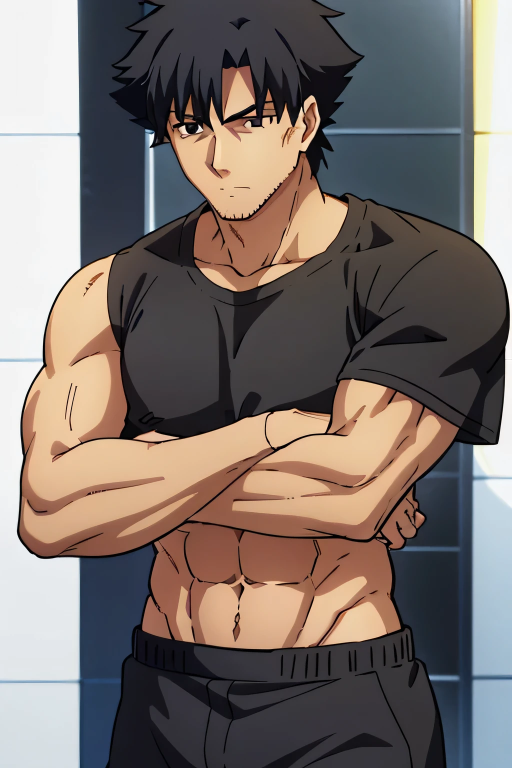 Kiritsugu is sitting and flexing his biceps and abs. He wears black short boxershorts. You can see his thighs. He is admiring his muscles. He has bulging veins on his arms. He wears a black tshirt with short sleeves. His right sleeve is completely rolled up so you can see his entire arm and shoulder. He is showing his abs too.