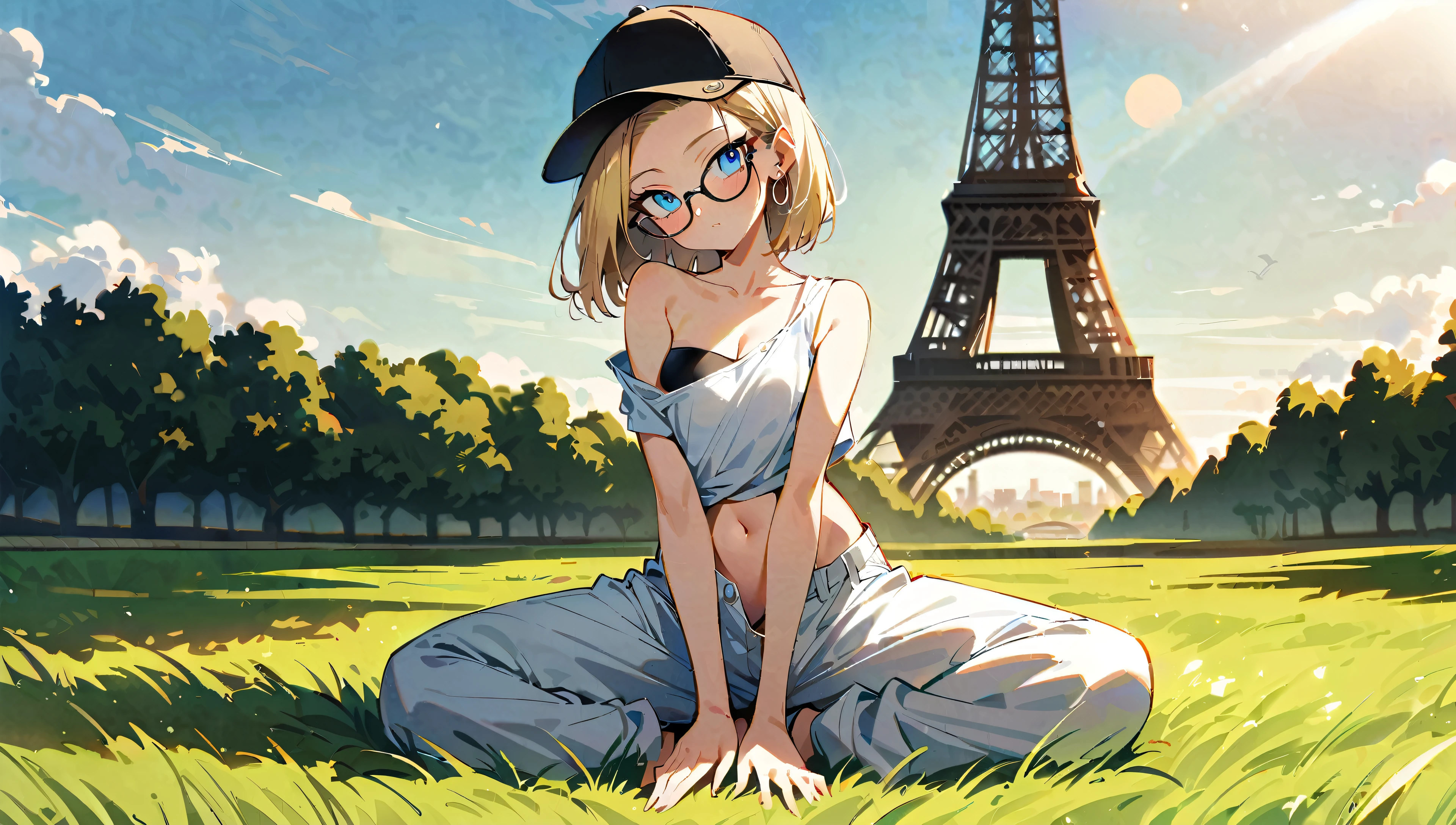 (masterpiece, best quality:1.2), full body shot, solo, Android 18 from Dragon Ball, collarbone, cleavage, ((slip-on one-shoulder crop top)), (light gray top:1.2), no jacket, midriff-baring, navel, ((white baggy pants with one button undone)), strings of thong underwear slightly visible, small breasts, short blonde hair loose, ((blue eyes)), ((wearing glasses)), earrings on earlobes, slender feminine figure, narrow waistline, skinny body, (plane black cap), (cap without logo), beach sandals, sunlight, head tilt, looking at viewer, light blush, arm between legs, wariza on the grass, vast grass, the Eiffel Tower, outside, natural lighting and shadows, blur background, 4K