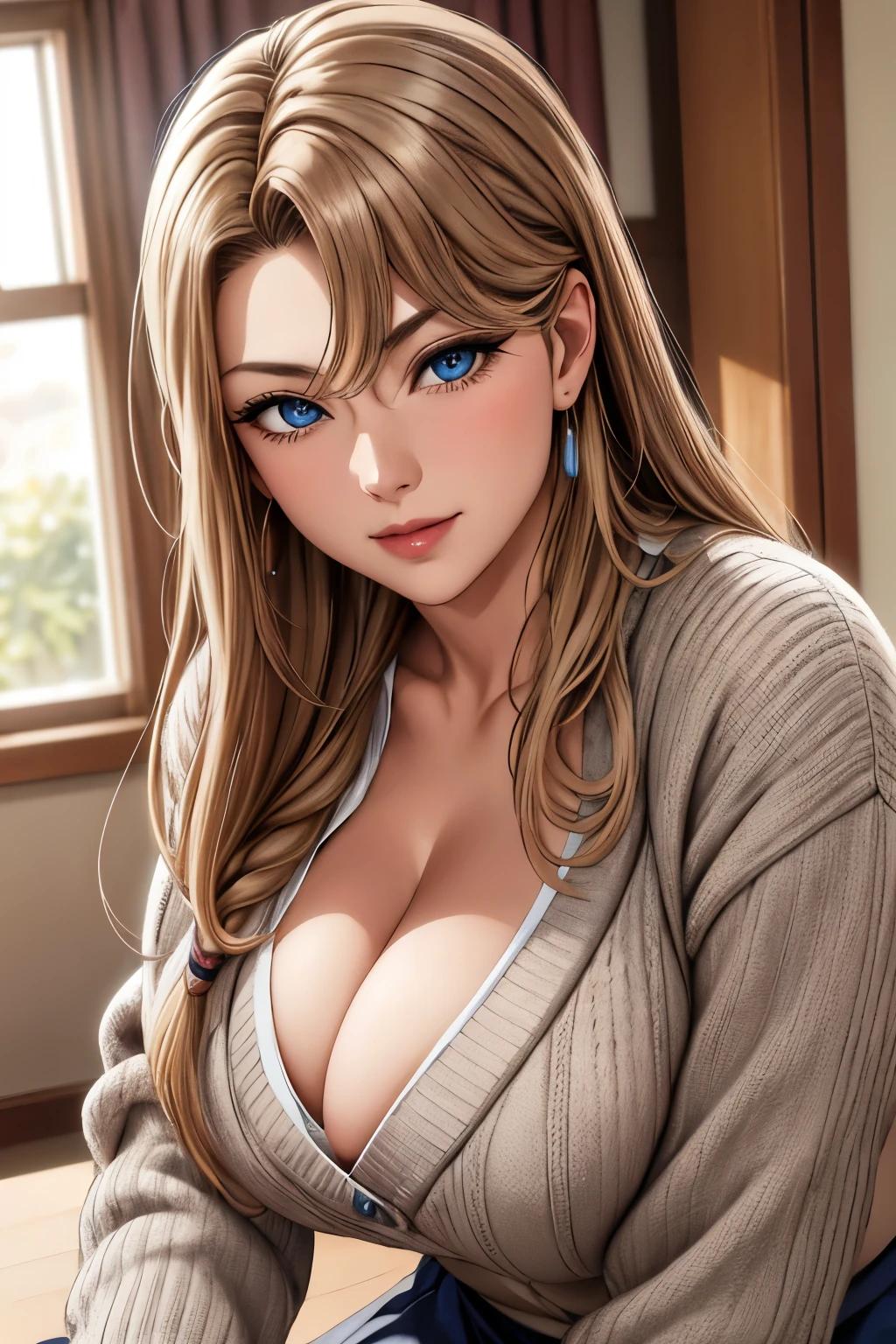 Tabletop, (highest quality), 1 Female,One Girl ,Akiko_Minase,    Long Hair, Brunette Hair,   blue eyes, Braiding, single Braiding, Hair intake, Hair that falls over the shoulders, (Mature Woman), skirt, sweater, cardigan,       housewife, Large Breasts,Sexy Woman,    , Bright colors ,,Natural light  ,Hmph, Hair between the eyes , beautiful, (Detailed face:1.2), Showcase, (Perfect Eyes:1.1) ,(Realistic:1.1), 8K Ultra HD,  View your viewers,  Indoor Round