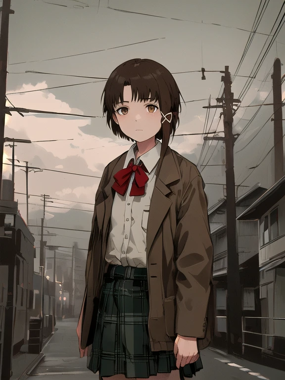 1girl, iwakura lain, cowboy shot, (schlain:1.1), grey jacket, green skirt, plaid skirt,  brown eyes, red bow, expressionless, outdoors, (utility pole:1.5), closed jacket, cloudy sky, dark_sky, perspective,