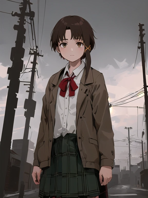 1girl, iwakura lain, cowboy shot, (schlain:1.1), grey jacket, green skirt, plaid skirt,  brown eyes, red bow, expressionless, outdoors, (utility pole:1.5), closed jacket, cloudy sky, dark_sky, perspective,