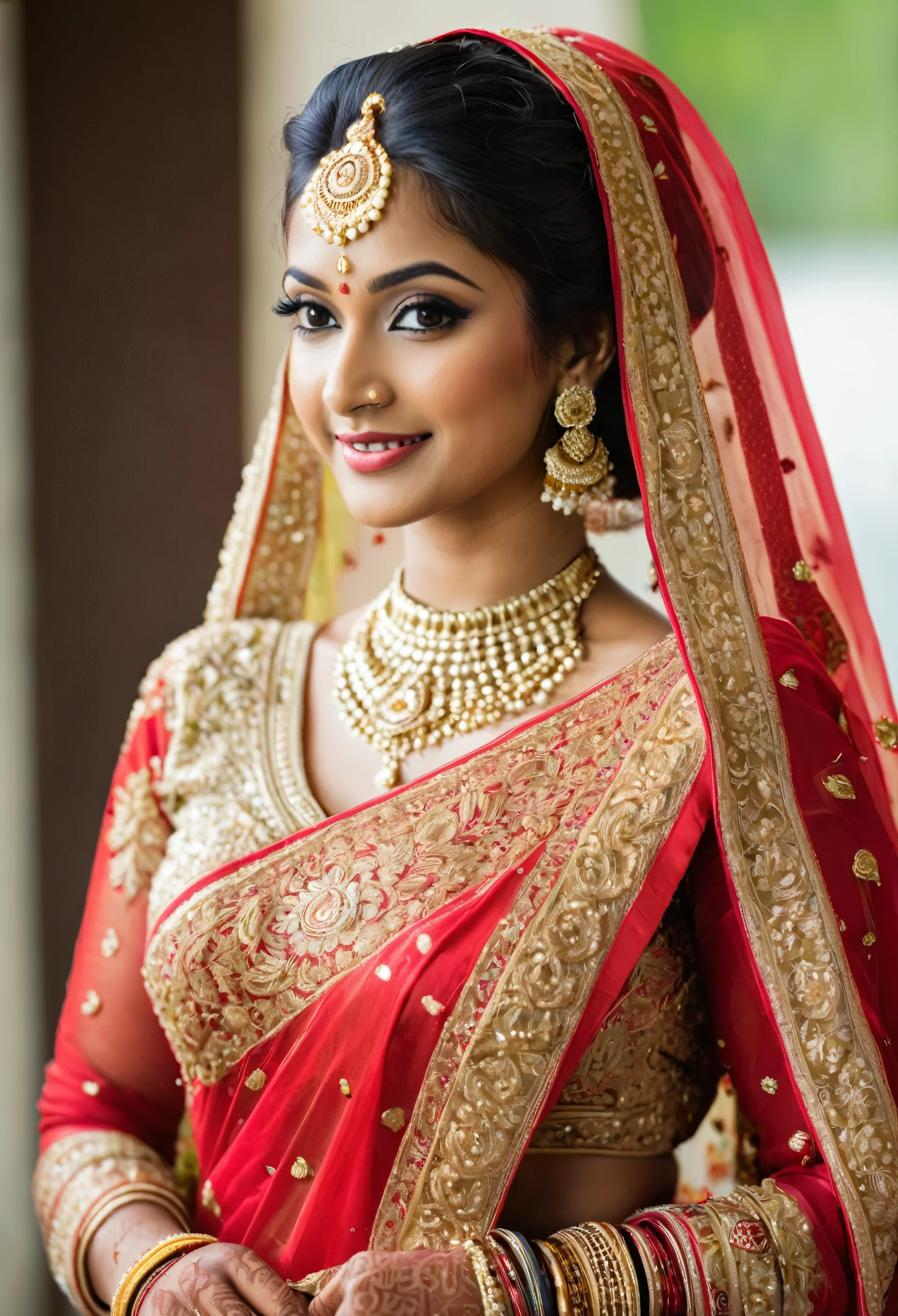 Full body is in focus. Highly detailed and realistic full body image of a Bangladeshi bride facing towards the camera on wedding day. The bride is wearing a stunning red and gold saree with intricate embroidery and traditional jewelry, including a maang tikka, necklace, and bangles. Her hair is beautifully styled, and her makeup is elegant, highlighting her natural beauty. Standing straight and looking directly at the camera with warm smiles. The background is white.
