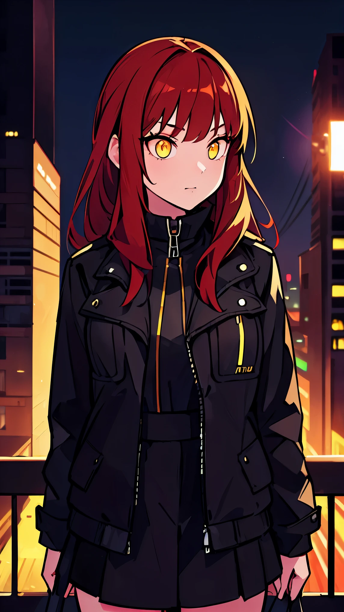 Girl1,red hair,yellow eyes,black jacket,black skirt,(city,in the night,neon),top quality, high precision,beautiful lighting,realistic shade,high precision,(very detailed face and eyes and body,cowboy shot)