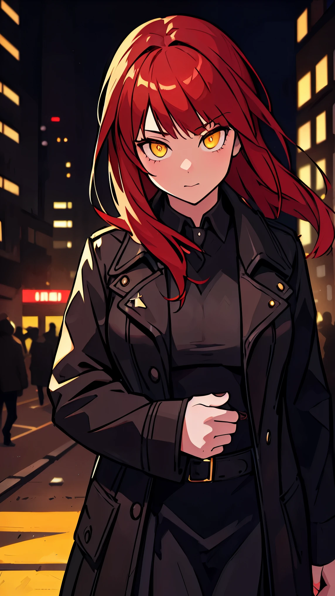 Girl1,red hair,yellow eyes,black jacket,black skirt,(city,in the night,neon),top quality, high precision,beautiful lighting,realistic shade,high precision,(very detailed face and eyes and body,cowboy shot)