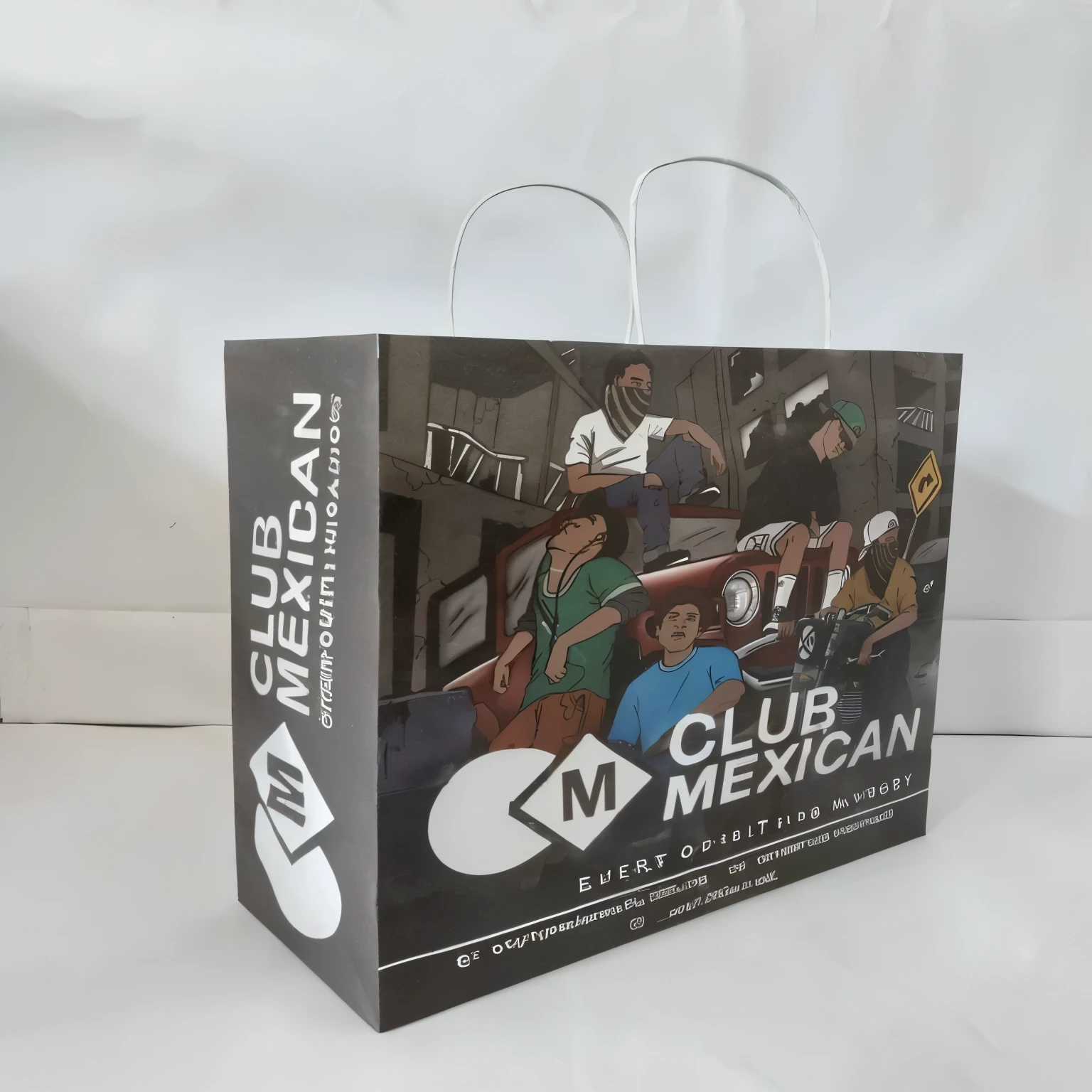 a close up of a shopping bag with a picture of a group of people high quality portrait, detailed image, promo image, medium portrait, medium closeup, pizza box, package cover, cereal box, paper, mexican mustache, promotional material, promotional artwork, ad image, an ultra realistic, 8 x