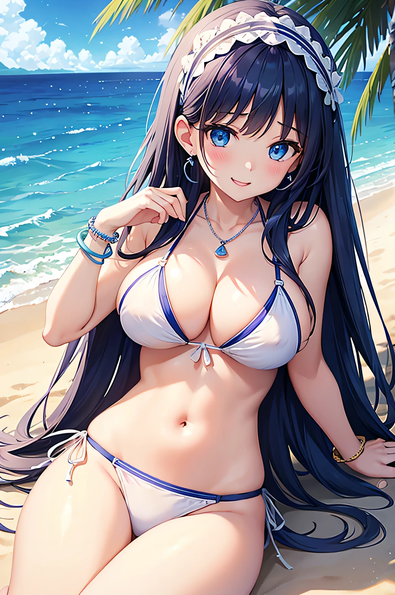 highest quality、highest quality、masterpiece、beautiful girl、Navy blue long hair、blue eyes、Gorgeous white bikini、Big cleavage、(Big Breasts),smile、blue necklace、Blue Earrings、background(Beach)、Please open your mouth wide、White headband、bracelet、Lie on your back on the beach、Sexy pose