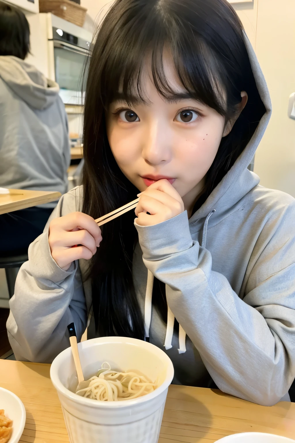 cute korean girl cute cheeks and black hair with bangs eating noodles using a hoodie