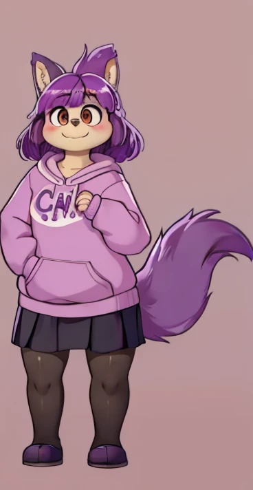 Chica joven con sobrepeso, Chica furry, con piernas gordas y pechos medianos, Wide career , A small tender and shy smile , purple pelo corto y risaso, cara detallada, ojos detallados de color morado, Purple sweatshirt, Black skirt, black stockings